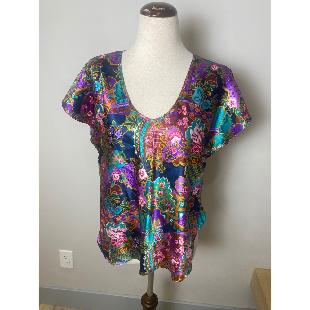 California Miss Vintage 80's Floral Paisley Satin Blouse V-Neck Purple Teal L